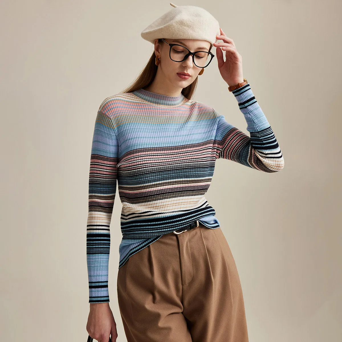 100% Wool Multicolor Striped Knit Sweater