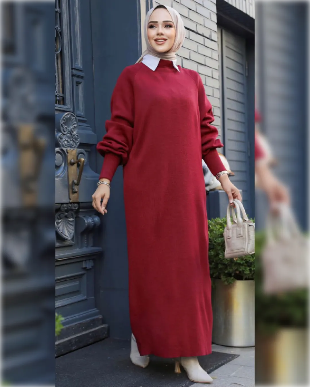 Aya Woolen Long Dress in Red Shade   فستان آية الطويل من قماش الصوف الناعم باللون الأحمر الجميل