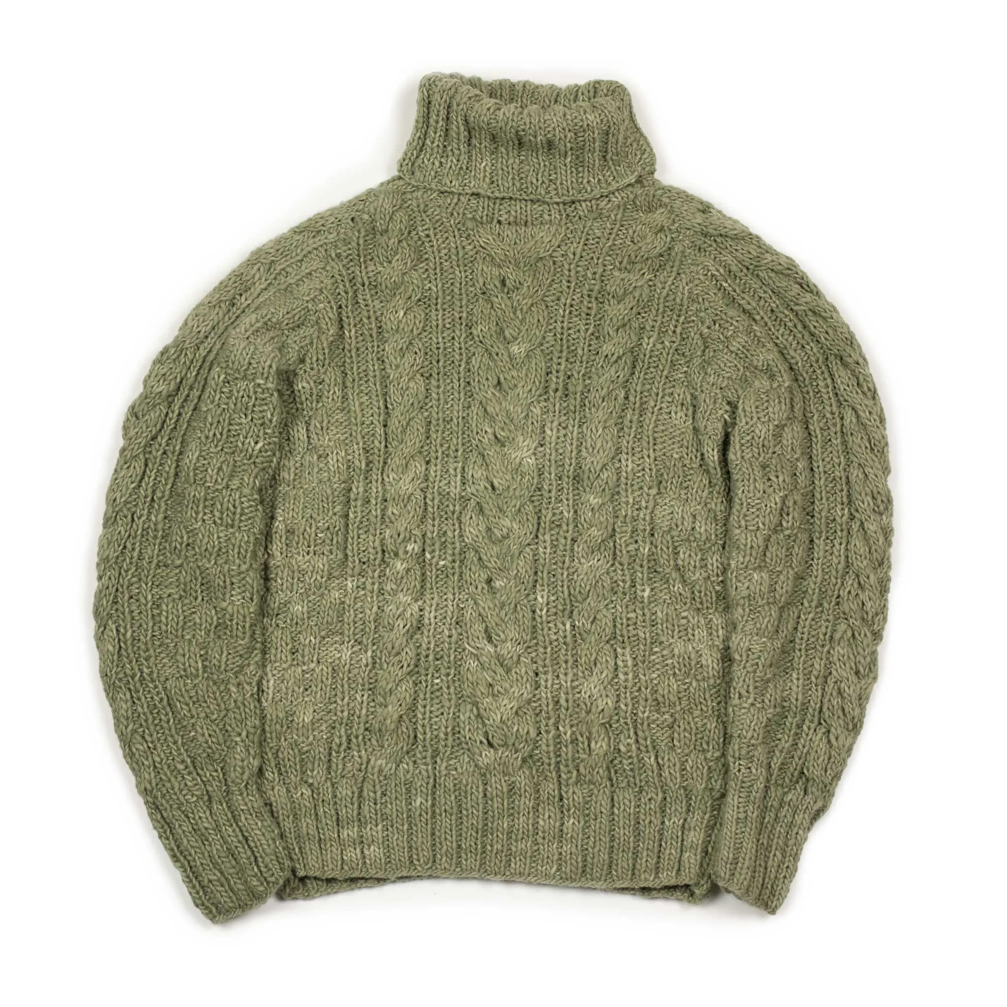 Chamula hand-knit Fisherman Turtleneck sweater in Light Military green wool