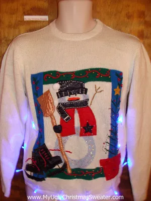 Cozy Snowman with Skates Light Up Ugly Xmas Sweater