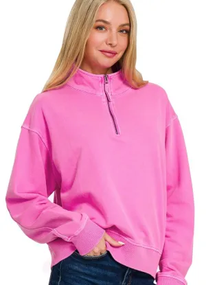 French Terry Half Zip Pullover in Neon Hot Pink by Zenana