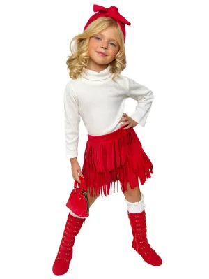 Fringe And Fabulous Rib Knit Turtleneck And Red Fringe Skirt Set