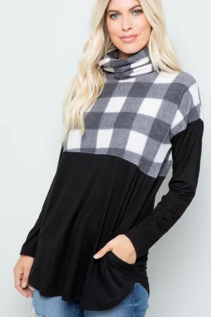 Full Size Pocketed Plaid Turtleneck Long Sleeve Blouse