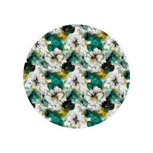 Green and White Ink Floral  Circular Micro Fleece Blanket 60"