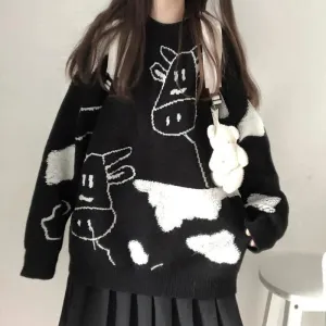 Harajuku Cartoon Cow Sweater - Embrace Cuteness and Warmth All Winter Long! 🐄❄️