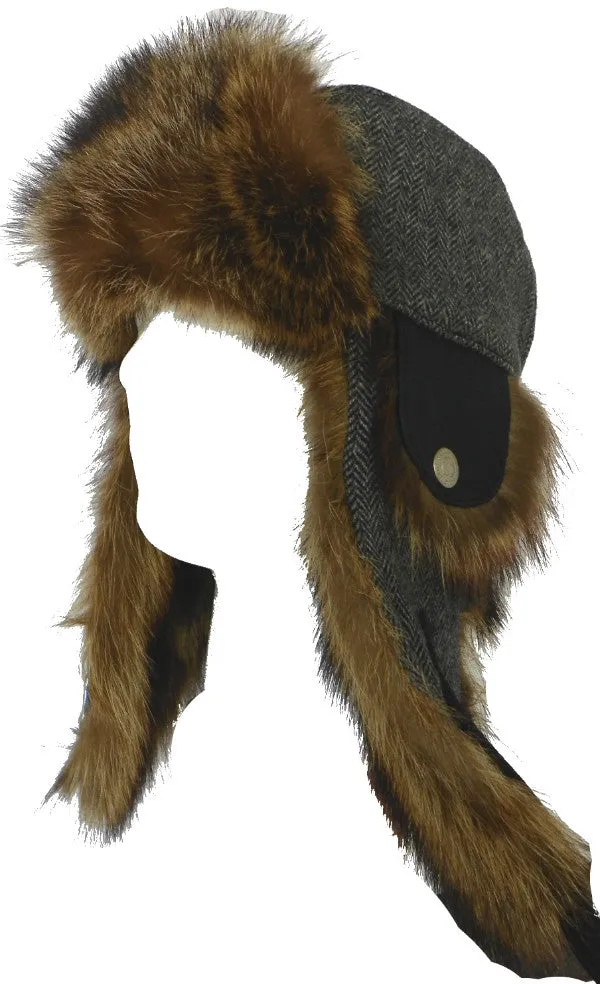 Harricana Recycled Raccoon Fur Wool Herrringbone Trooper Hat Deluxe Aviator