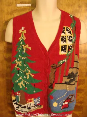 Holiday Sweater Vest with a Cozy Festive Homey Scene