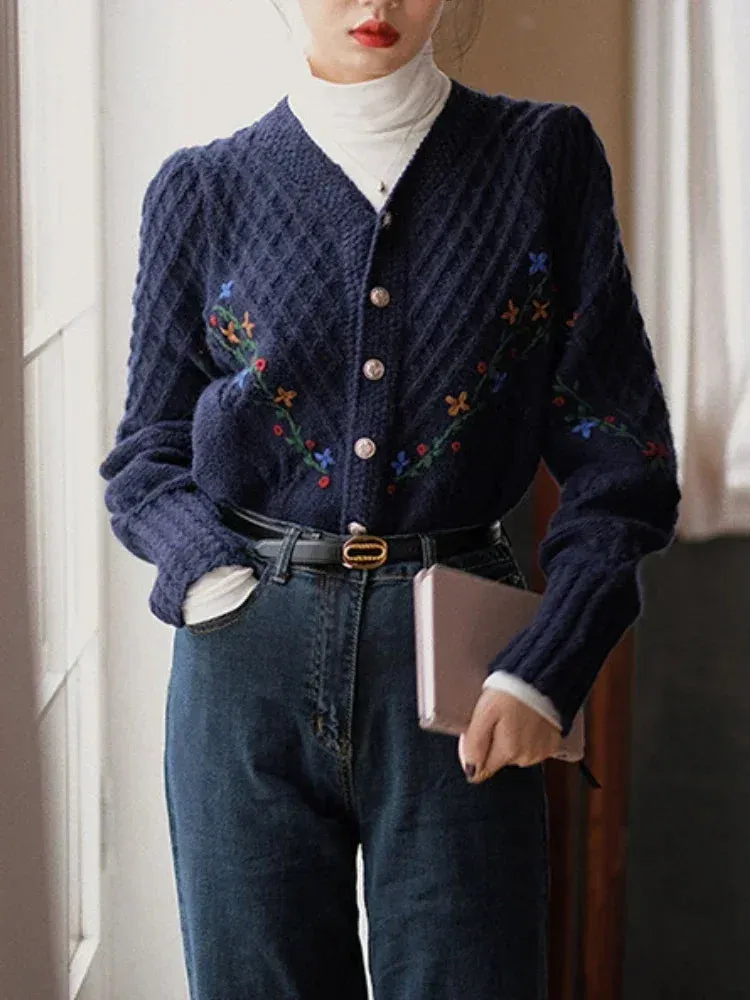 Knitted Cardigan Sweater Women Embroidery Hook Flower Vintage Sweaters Coat Women's Autumn Winter New Fashion Long Sleeve Top