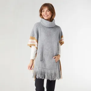 Myrna Turtleneck Poncho with Border Stripes - Grey