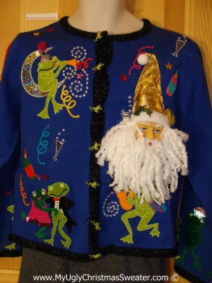 Ugly Christmas Sweater Party Holy Grail of Ugly Sweater with 3D Santa and Conga Line Frogs Celebrating Christmas or New Years (x11)